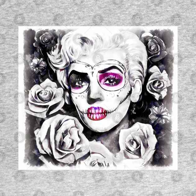 Retro sugar skull blonde with roses black and white by AnnArtshock